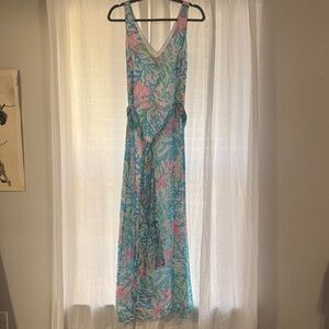Lilly Pulitzer Aqua Pink Tropical Print Sleeveless Maxi Dress Tie Waist